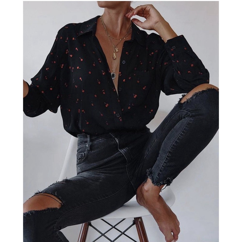 Rails Rocsi Button Down Metallic Cherries Black Cherry Print Shirt Small